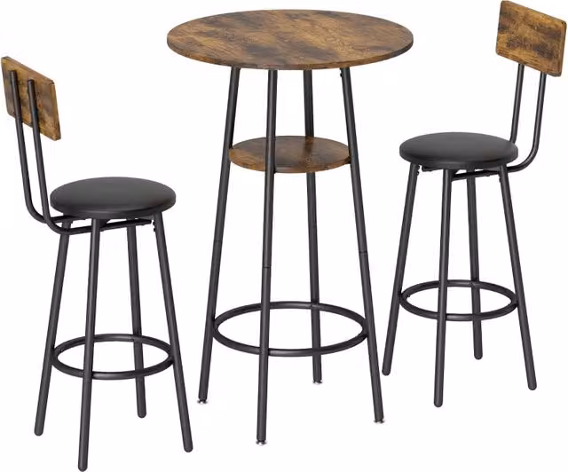 Set da bar industriale con 2 sgabelli imbottiti, poggiapiedi, struttura in metallo, tavolo da cucina con ripiano, marrone rustico
