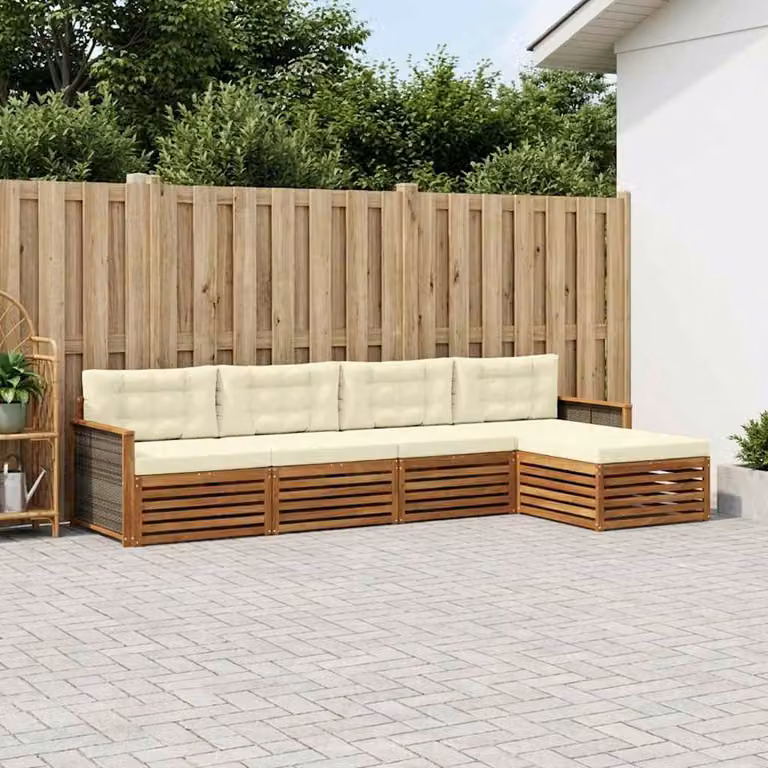 Set di divani da esterno vidaXL a forma di L in legno di acacia con pouf e cuscini, colore beige e bianco