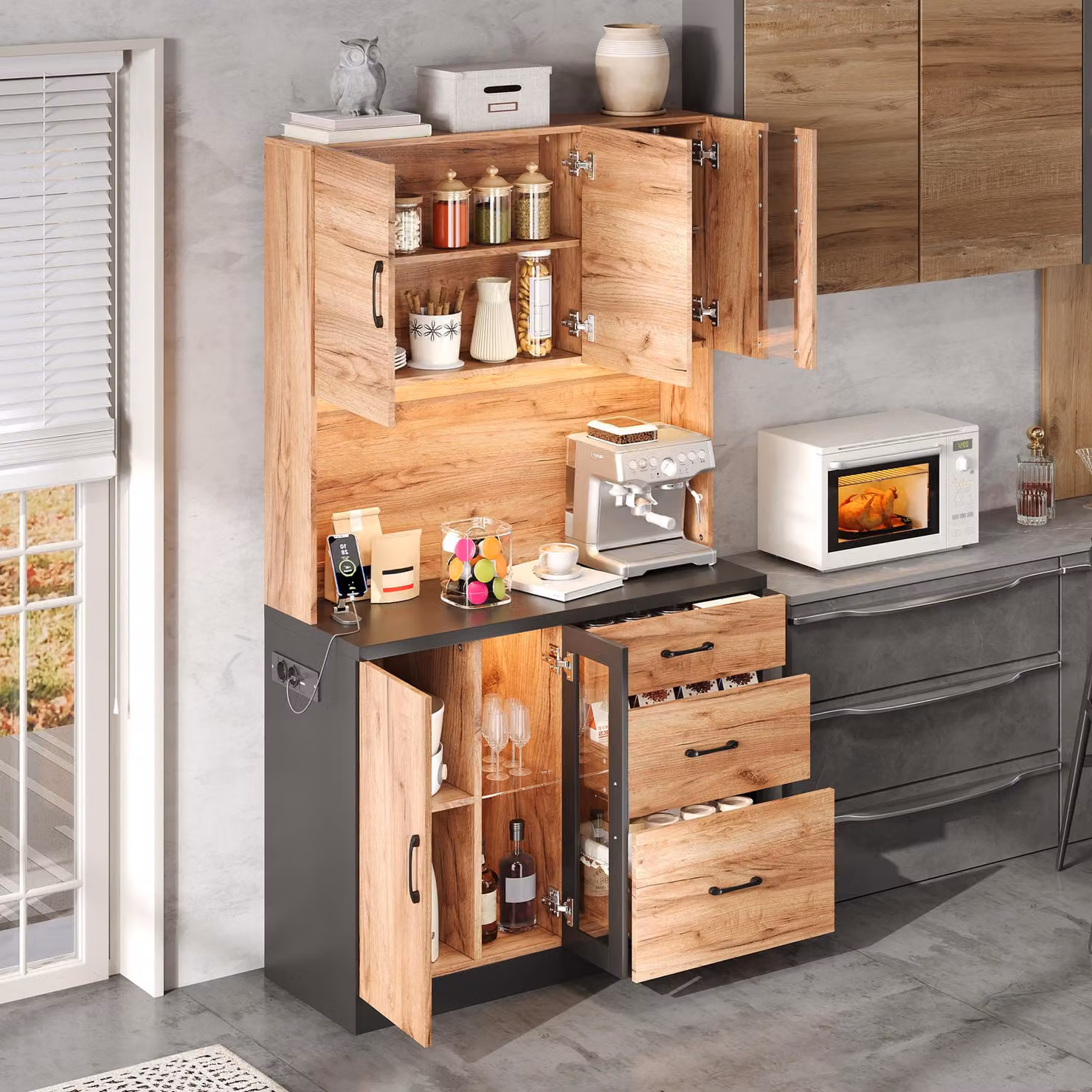 okwish: Armadio da cucina con illuminazione a LED, mobile alto, contenitore con ripiani regolabili e cassetto, in stile europeo; mobile per soggiorno con 3 cassetti, finitura naturale