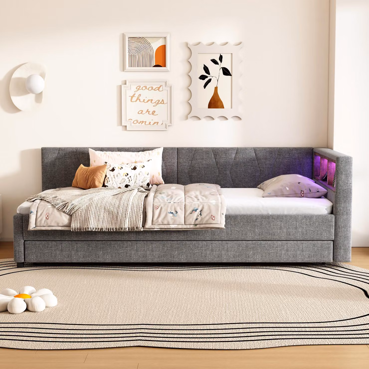 okwish Divano letto 90×200 con materasso e contenitore, letto estraibile con USB + Tipo C, illuminazione ambientale a LED, grigio (senza materasso)