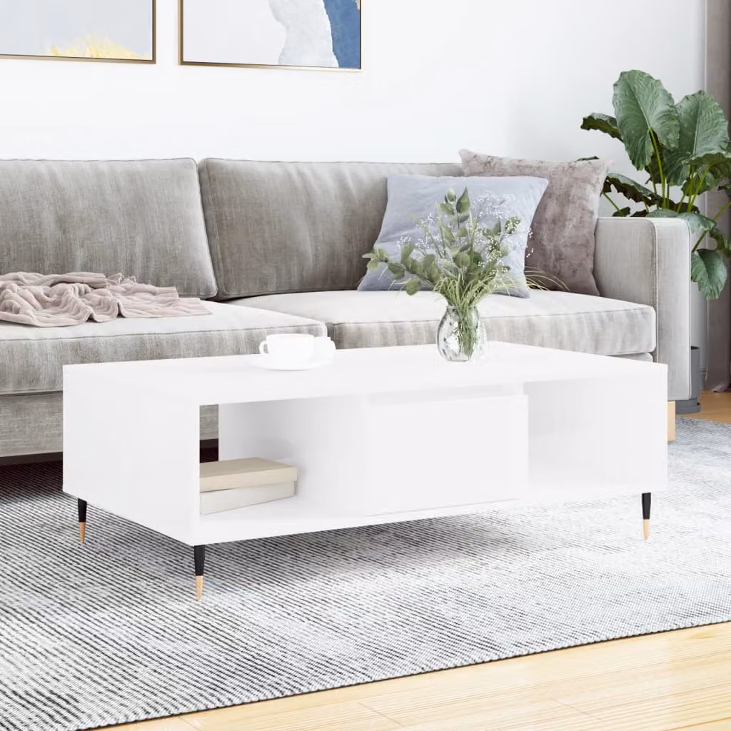 vidaXL Tavolino da Salotto Moderno Bianco Lucido in Legno Multistrato L: 104 cm, P: 60 cm, H: 35 cm