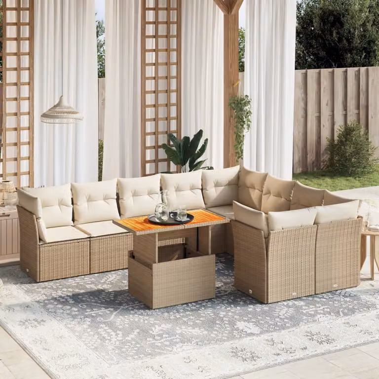 Set Divano da Giardino vidaXL 10 pz in Polyrattan con Cuscini Beige e Tavolino da Caffè
