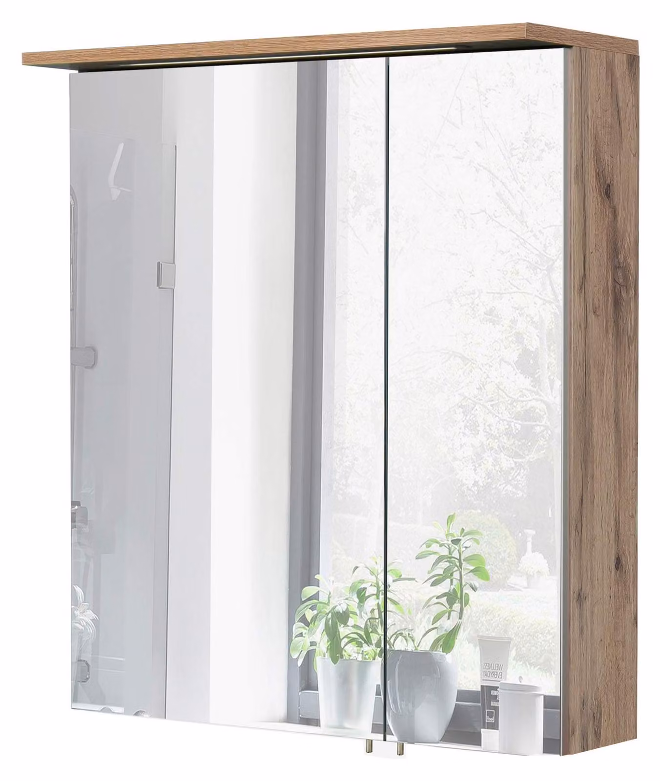 Specchio con illuminazione a LED, dimensioni 60,5 x 16 x 72,3 cm, finitura noce, 2 ante, 2 ripiani in vetro
