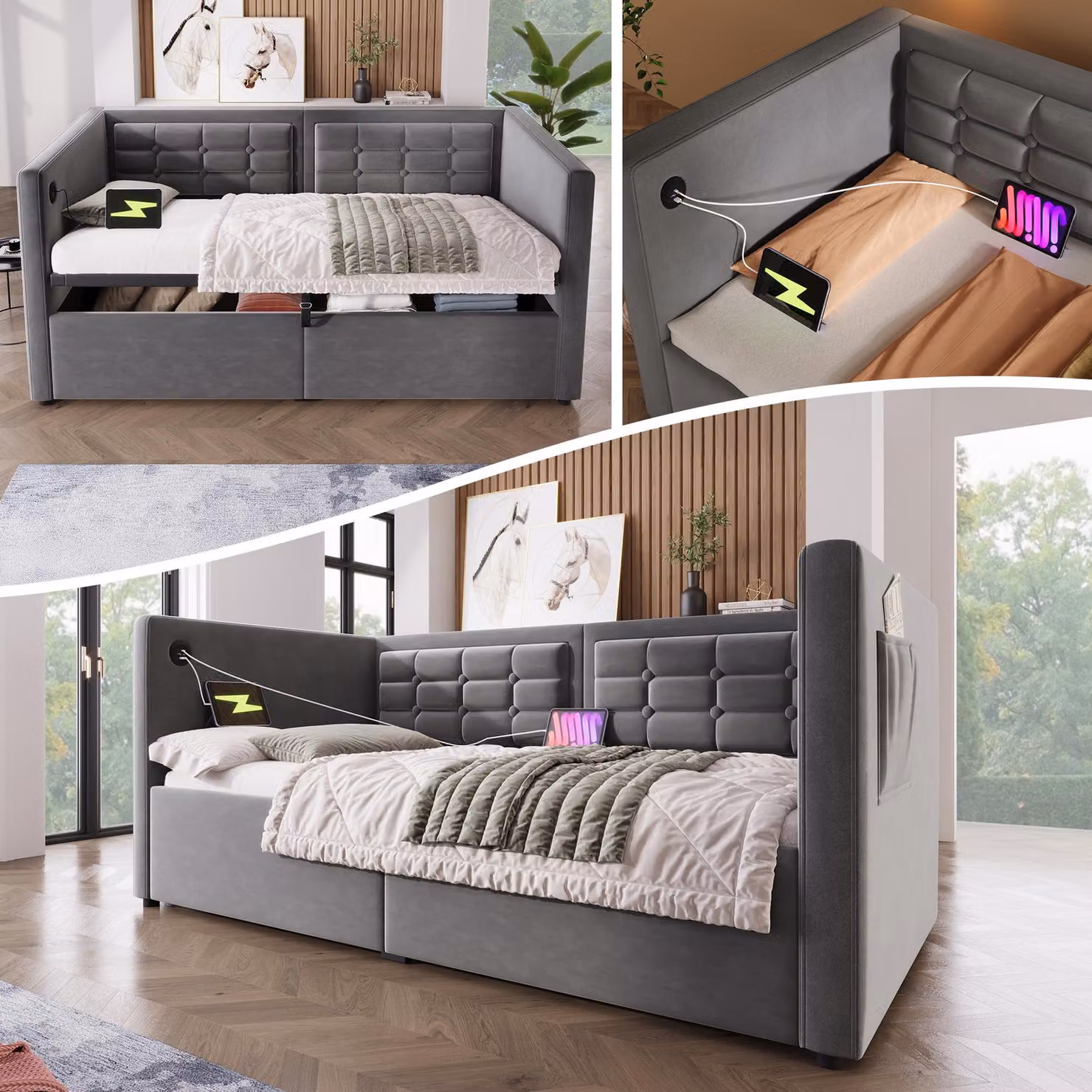 Divano letto imbottito Sweiko 90x200 cm, divano letto singolo con contenitore idraulico e stazione di ricarica USB e Type-C, letto per ospiti con rete a doghe in legno, grigio, velluto, senza materasso.