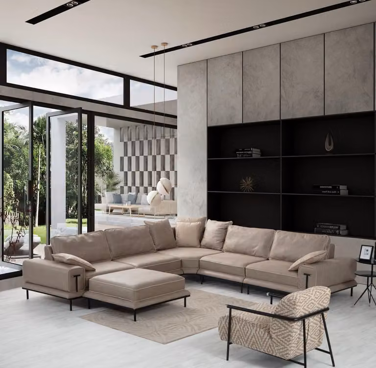 Moderne Beige Wohnzimmer L-Form Garnitur Hocker Ecksofa Polster Möbel