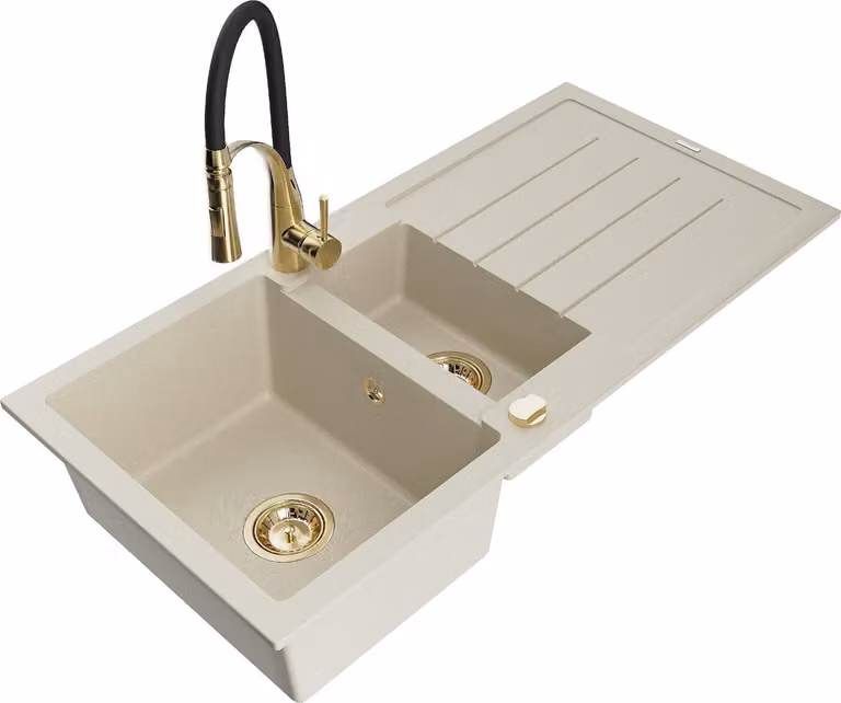 Mexen Andres lavello in granito 1,5 vasche con scolapiatti e rubinetto da cucina Aster, color beige - 6515-69-73450-57-G