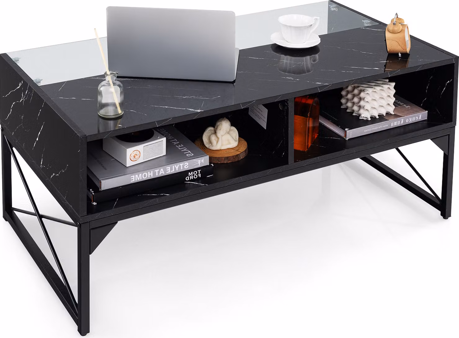 COSTWAY Tavolino LED lucido, tavolino con piano in finto marmo e vetro temperato, tavolino moderno con 4 vani portaoggetti nero