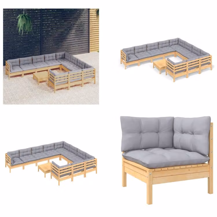 vidaXL set salotto da giardino 11 pezzi con cuscini grigi in legno di pino - Set salotto da giardino - Set salotto da giardino - Set mobili da giardino - Set mobili da giardino