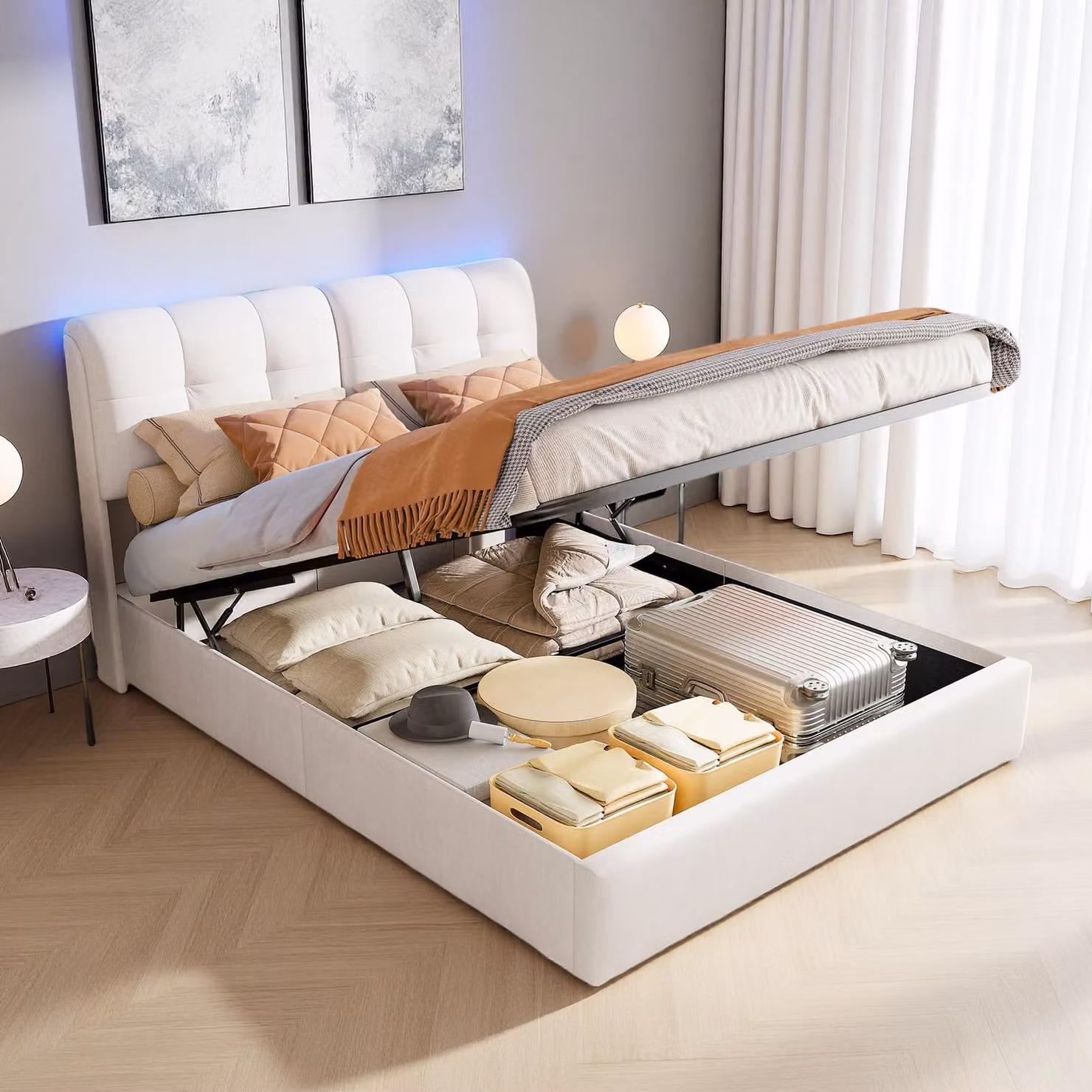 Letto imbottito UnboxG 160×200 cm in beige - letto contenitore con molla a gas e illuminazione ambientale a LED