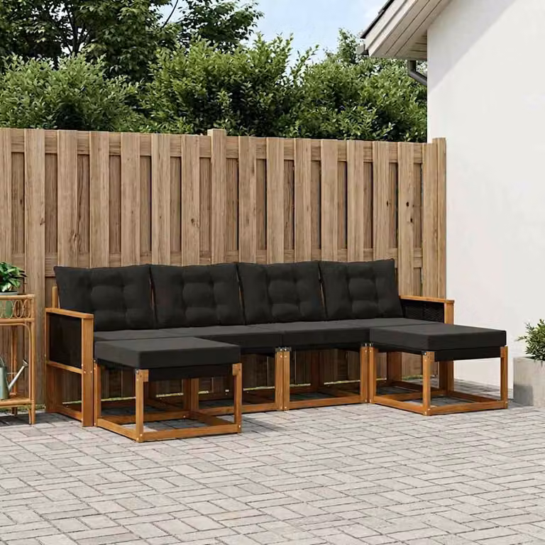 vidaXL Set di divani da esterno a L composto da 6 pezzi in legno di acacia e textilene, colore marrone e nero