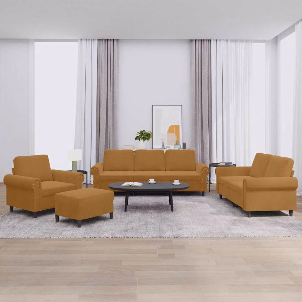 Set di divani vidaXL 4 pezzi in velluto marrone con cuscini, comprendente divano a 3 posti, divano a 2 posti e pouf – 1