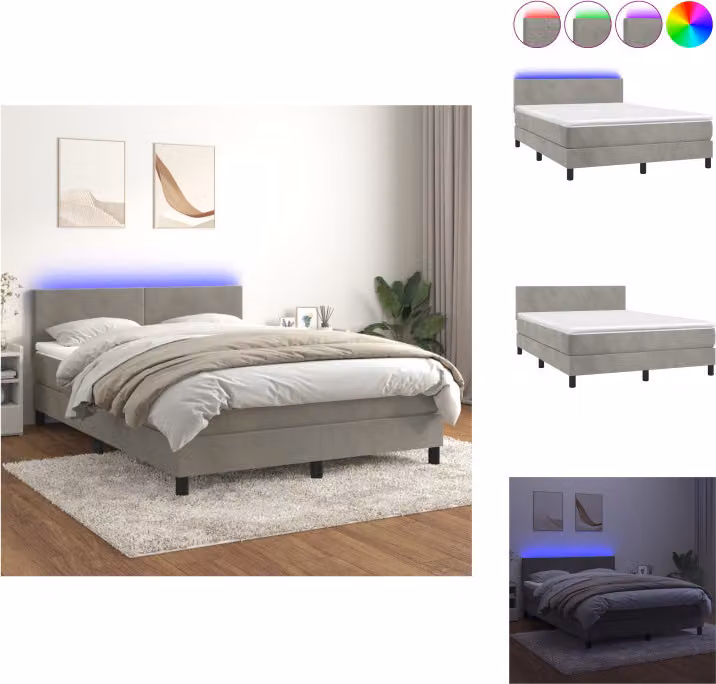 vidaXL Letto a molle con materasso e LED in velluto grigio chiaro 140x190 cm - Letti & strutture letto