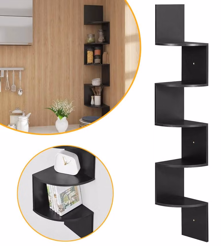 Libreria angolare a 5 ripiani - 5 vani portaoggetti - Design compatto - Porta piante - Ideale per piccoli spazi - Colore: nero