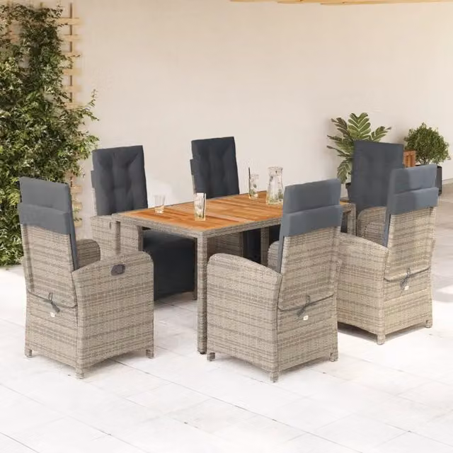Set da pranzo da giardino vidaXL in polyrattan grigio con cuscini e tavolo in legno di acacia, 7 pezzi