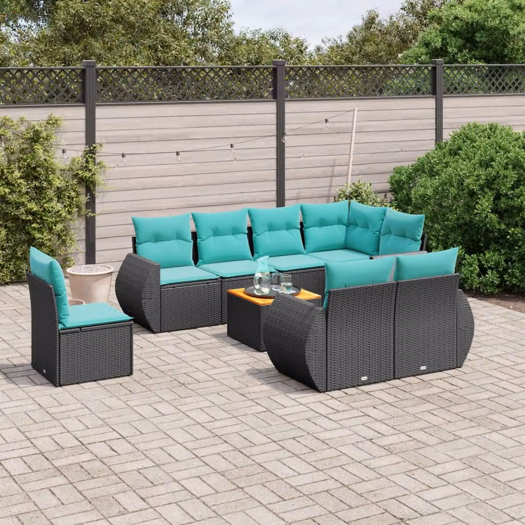Set di divani da giardino vidaXL 9 pezzi in polyrattan e legno di acacia oliato con cuscini nero, blu e turchese