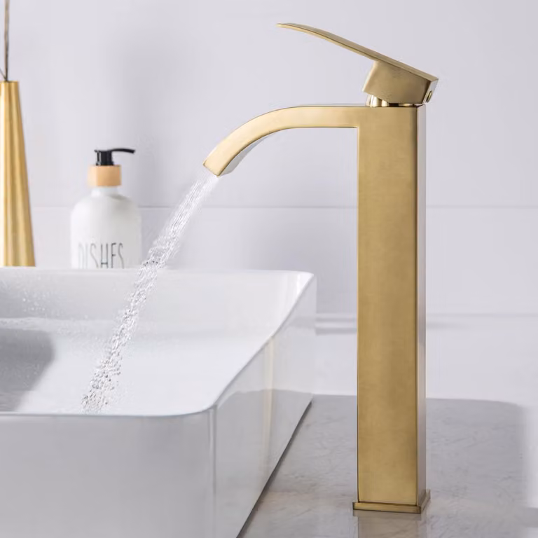 Miscelatore per lavabo, monocomando, bagno, finitura oro spazzolato, forma quadrata