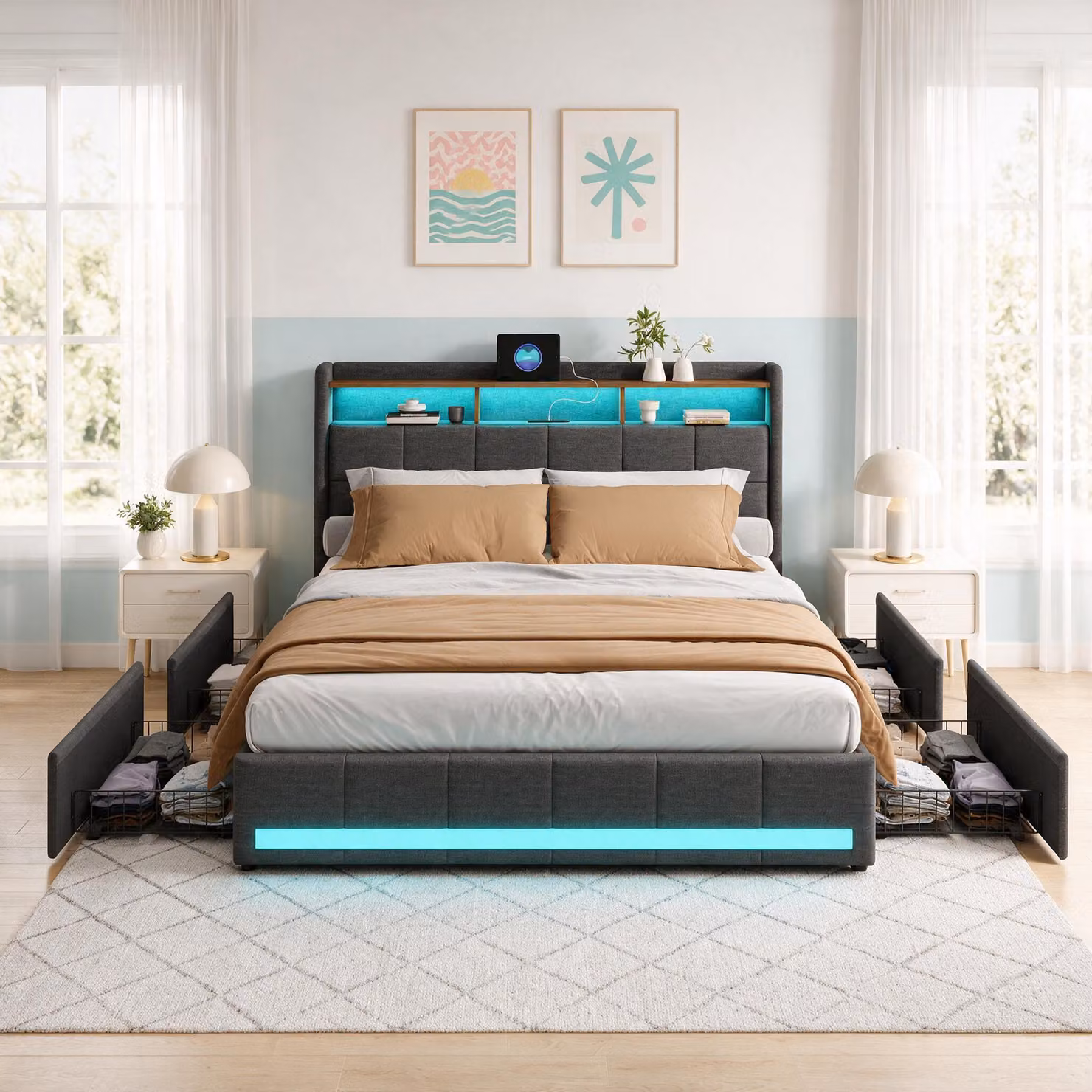Letto imbottito INONEFT, 140x200 cm, tessuto in lino, colore grigio. Letto matrimoniale con 4 cassetti e illuminazione LED. Testiera con spazio contenitivo e porta USB Type-C. Letto funzionale per ragazzi, completo di rete