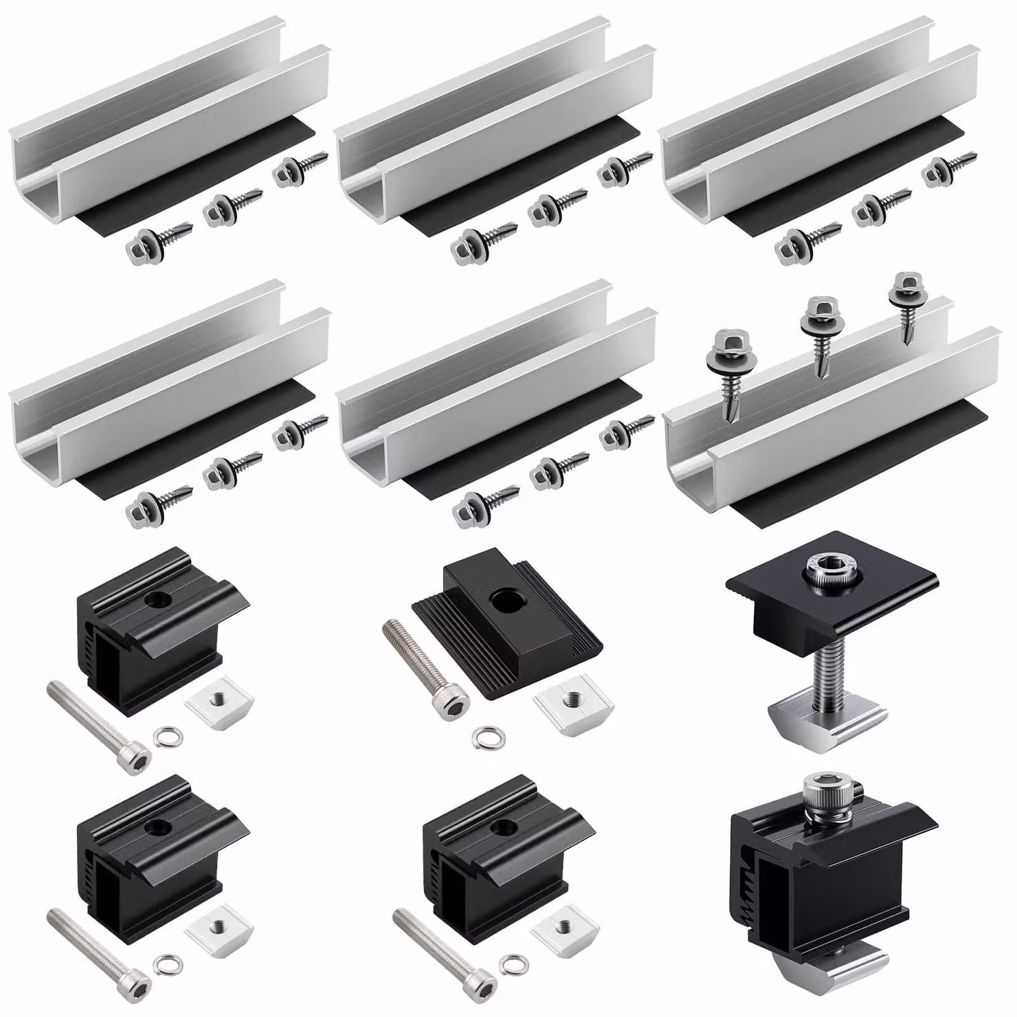 Kit di supporti solari: 6 profilati da 12 cm + morsetti per telai da 30–35 mm
