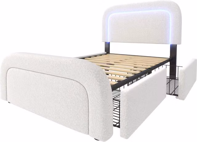 Letto singolo imbottito 90x200 cm con cassetti, illuminazione LED e funzione di ricarica USB Tipo C, testiera regolabile in altezza, Sherpa bianco (senza materasso)