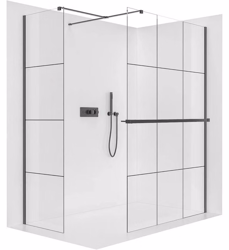 Pannello doccia walk-in Onyx T, destro/sinistro - 8 mm - profilo squadrato + ripiano/portasciugamani - vetro nero opaco, stile industriale - 150x90x200 cm