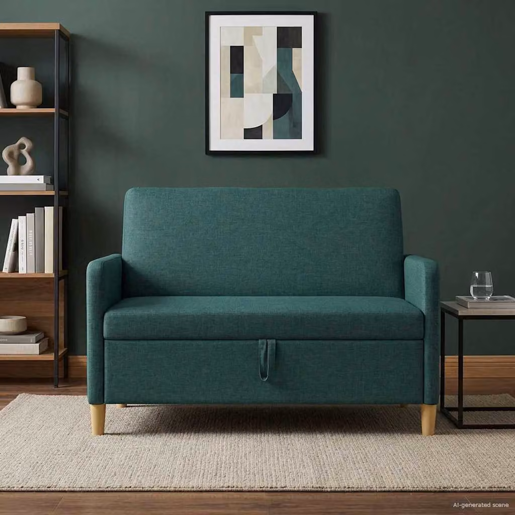 Divano letto moderno vidaXL con contenitore, rivestimento in tessuto verde e marrone, L: 122 cm, P: 78 cm, H: 87 cm