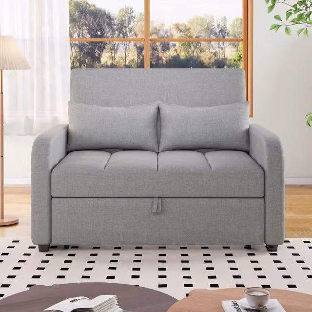 Divano letto pieghevole con schienale regolabile a 3 posizioni e cuscini in cotone e lino grigio antico 127 × 180 cm