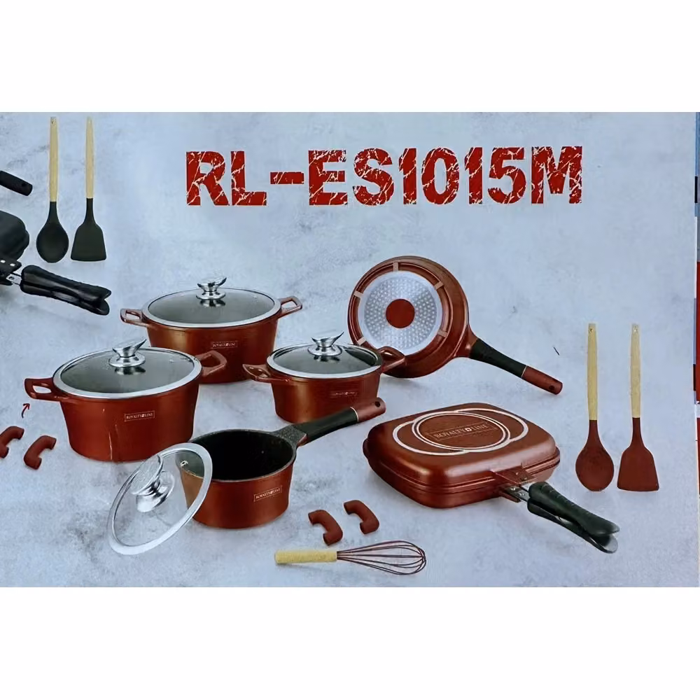 Set di Pentole e Padelle Professionale Trade Shop Traesio da 15 Pezzi in Pietra Lavica Antiaderente con Coperchi e Utensili in Silicone, Colore Bronze e Rosso – 2