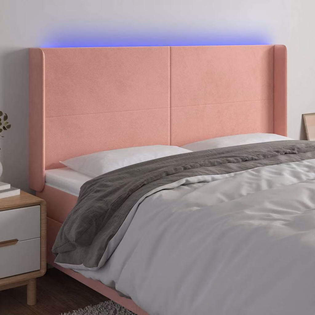 Testiera per letto vidaXL in velluto rosa con illuminazione LED e porta di ricarica USB, L: 203 cm, P: 16 cm, H: 118/128 cm