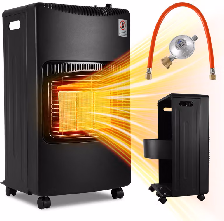Riscaldatore a gas Ikodm, 4200W, con piastra in ceramica, 3 livelli di riscaldamento, sistema di sicurezza anti-ribaltamento e rilevatore di gas, completo di regolatore di pressione e tubo, dotato di 4 ruote