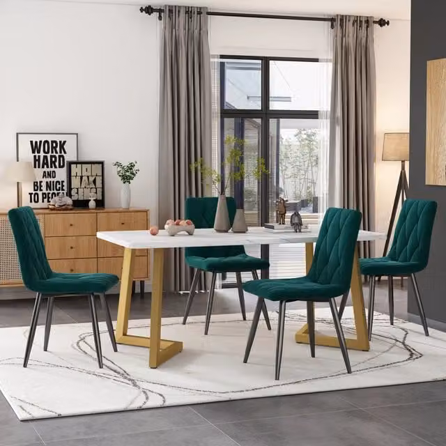 Set tavolo da pranzo rettangolare 117x68 cm con 4 sedie, velluto a coste verde scuro, gambe dorate