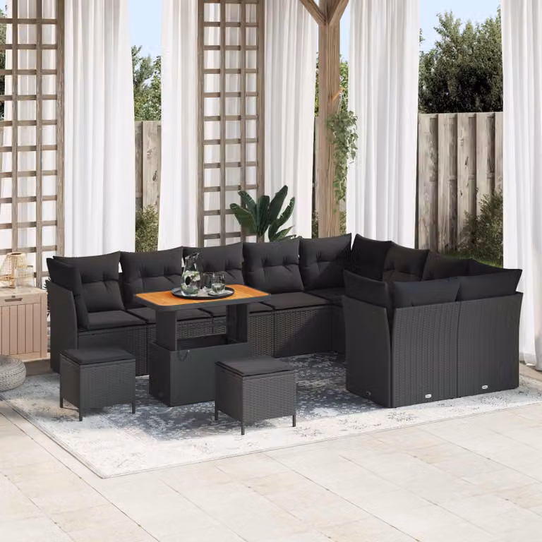 Set Divano da Giardino vidaXL 12 Pezzi a Forma di U in Polyrattan Nero con Cuscini e Tavolino da Esterno