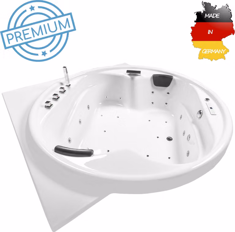 Vasca idromassaggio a piedistallo per interni Basera PREMIUM XXL Gomera con angolo 186 x 186 cm, 28 getti massaggianti, riscaldamento, generatore di ozono, aspirazione a pavimento, cascata, ambiente a LED, touch panel, Bluetooth, radio