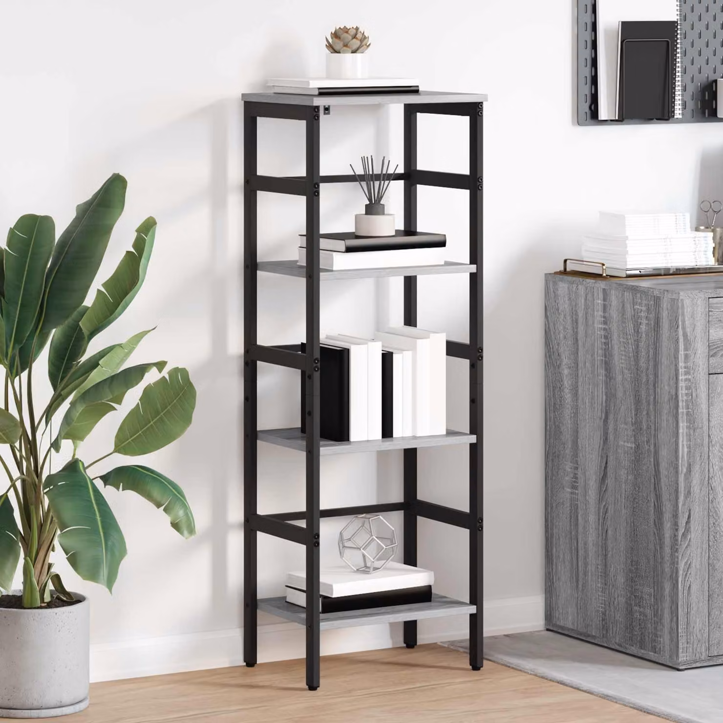 Libreria a 3 livelli vidaXL in stile industrial con legno e metallo, L/P/H: 40 x 29,5 x 115 cm, Grigio e Nero