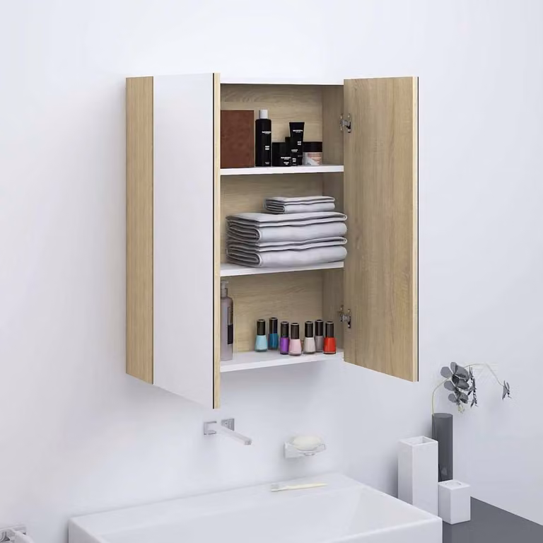 Armadietto a specchio da bagno vidaXL moderno in MDF e vetro, Bianco e Rovere, L 60 x P 15 x H 75 cm