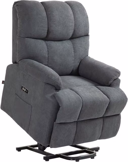 Poltrona Alzapersona Elettrica Reclinabile HOMCOM in Tessuto Lino Grigio Scuro con Poggiapiedi, Telecomando e Porta USB
