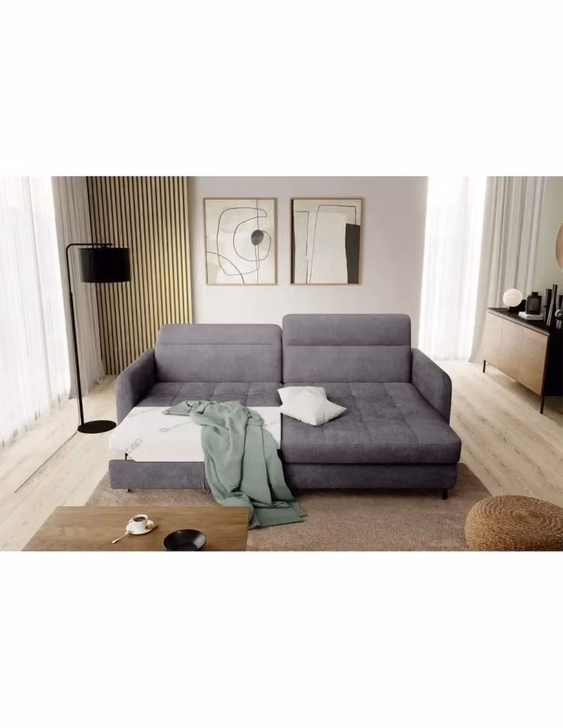 Divano ad angolo con letto trasformabile e poggiatesta regolabile collezione GOUMSI di MEUBLORAMA colore Grigio L/P/H: 228 x 165 x 128 cm – 2