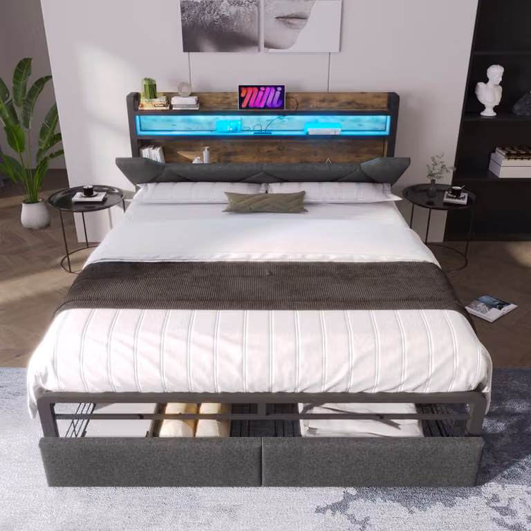 Letto singolo per giovani, 160x200 cm, con testata contenitore e 2 cassetti, struttura del letto con illuminazione LED, letto imbottito con porta USB di tipo C, colore grigio, senza materasso
