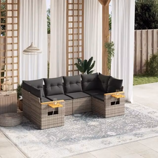 Set Divano da Giardino a L vidaXL in Polyrattan Grigio con Cuscini e Tavolino da 6 Pezzi