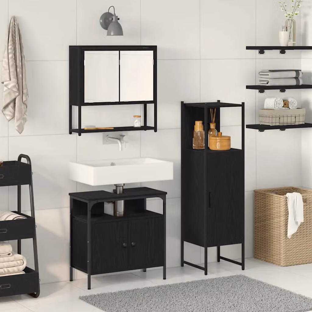 Set di mobili da bagno moderno vidaXL in 3 pezzi nero opaco in legno MDF composto da mobile lavabo, armadietto con specchio e colonna portaoggetti