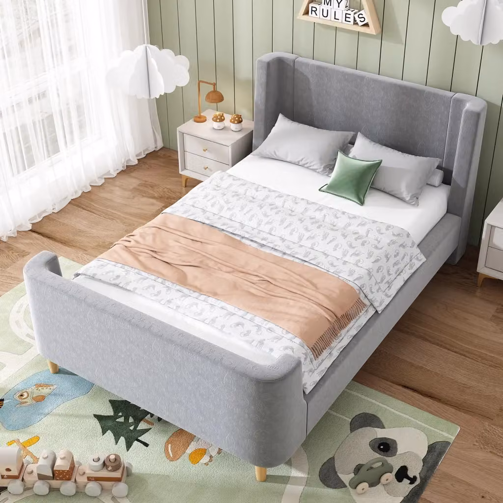 Letto singolo Mivray imbottito con motivo spaziale astratto, testiera in velluto e rete a doghe in legno, colore grigio, L/P: 90 x 200 cm – 2