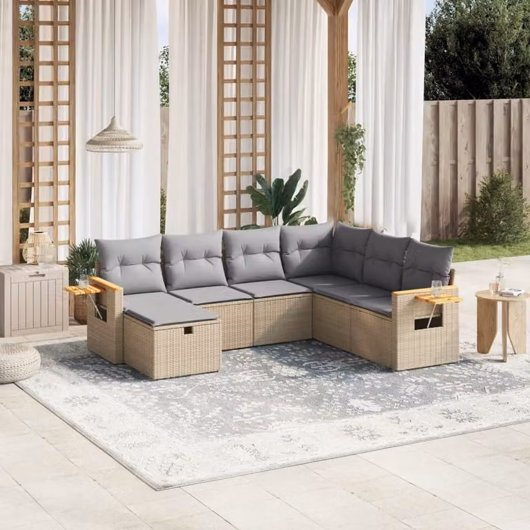 vidaXL Set Divano da Giardino a L 7 pz in Polyrattan con Cuscini Beige e Grigio