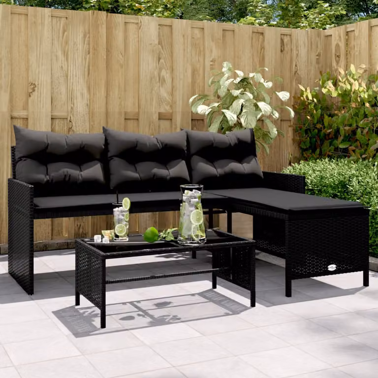 Set da giardino vidaXL a forma di L con divano a 3 posti, tavolino da caffè e cuscini, colore nero