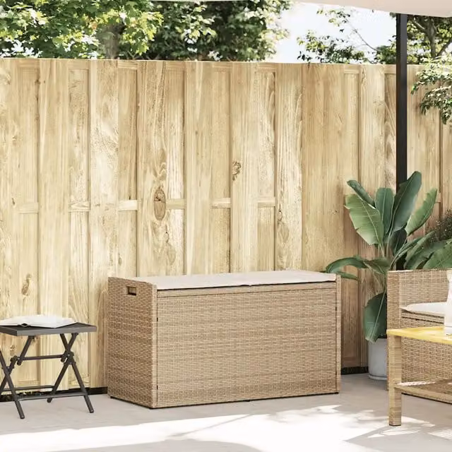 Cassapanca da esterno vidaXL in polyrattan con cuscini beige e bianco per giardino