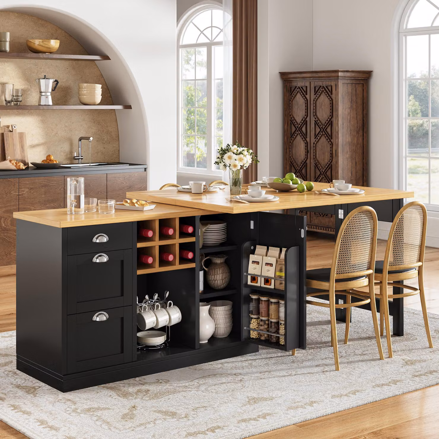 Tavolo bar multifunzionale con spazio contenitivo, isola da cucina estendibile con scaffale per vino, maniglie in metallo, tavolo da cucina pieghevole rotante a 360°, colore nero