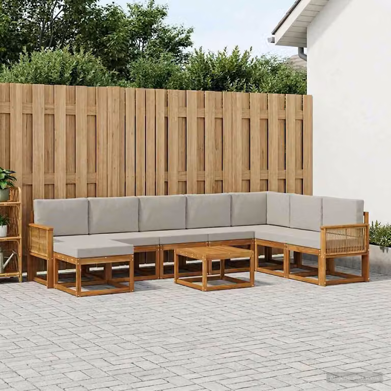 vidaXL Set di divani da esterno a L in legno di acacia con cuscini, 9 pezzi, Marrone e Grigio