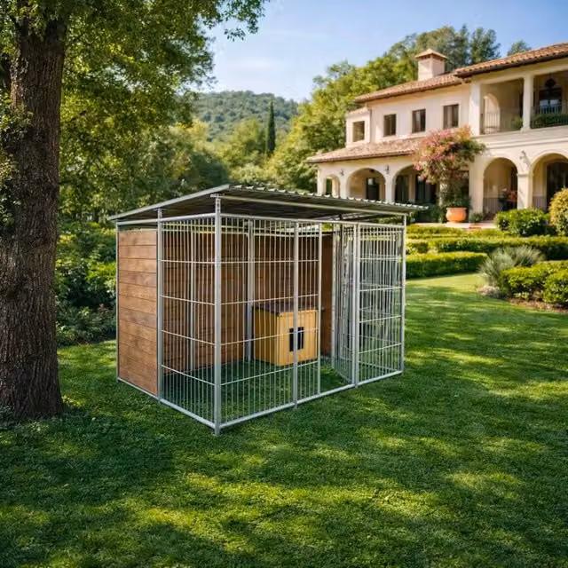 Box per cani SIDERBOX con retro e laterale in legno di larice e metallo zincato, isolato, marrone/nero, H 180 x L 300 x P 200 cm
