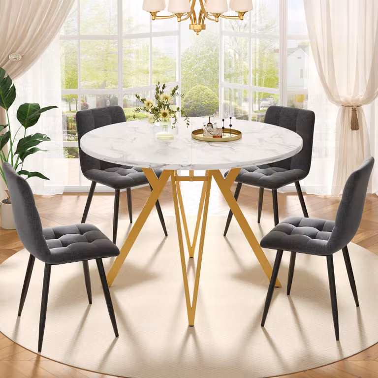 set di 5 tavoli da pranzo rotondi da 100 cm, bianco/oro, 4 sedie in velluto grigio