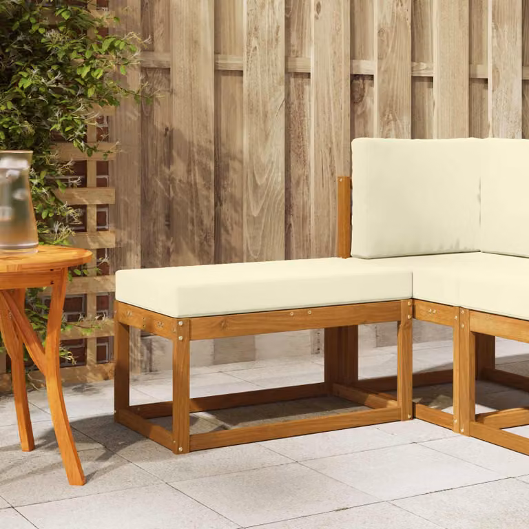Panca da giardino moderna vidaXL in legno di acacia con cuscini beige e marrone L: 110 cm, H: 79 cm, P: 43 cm