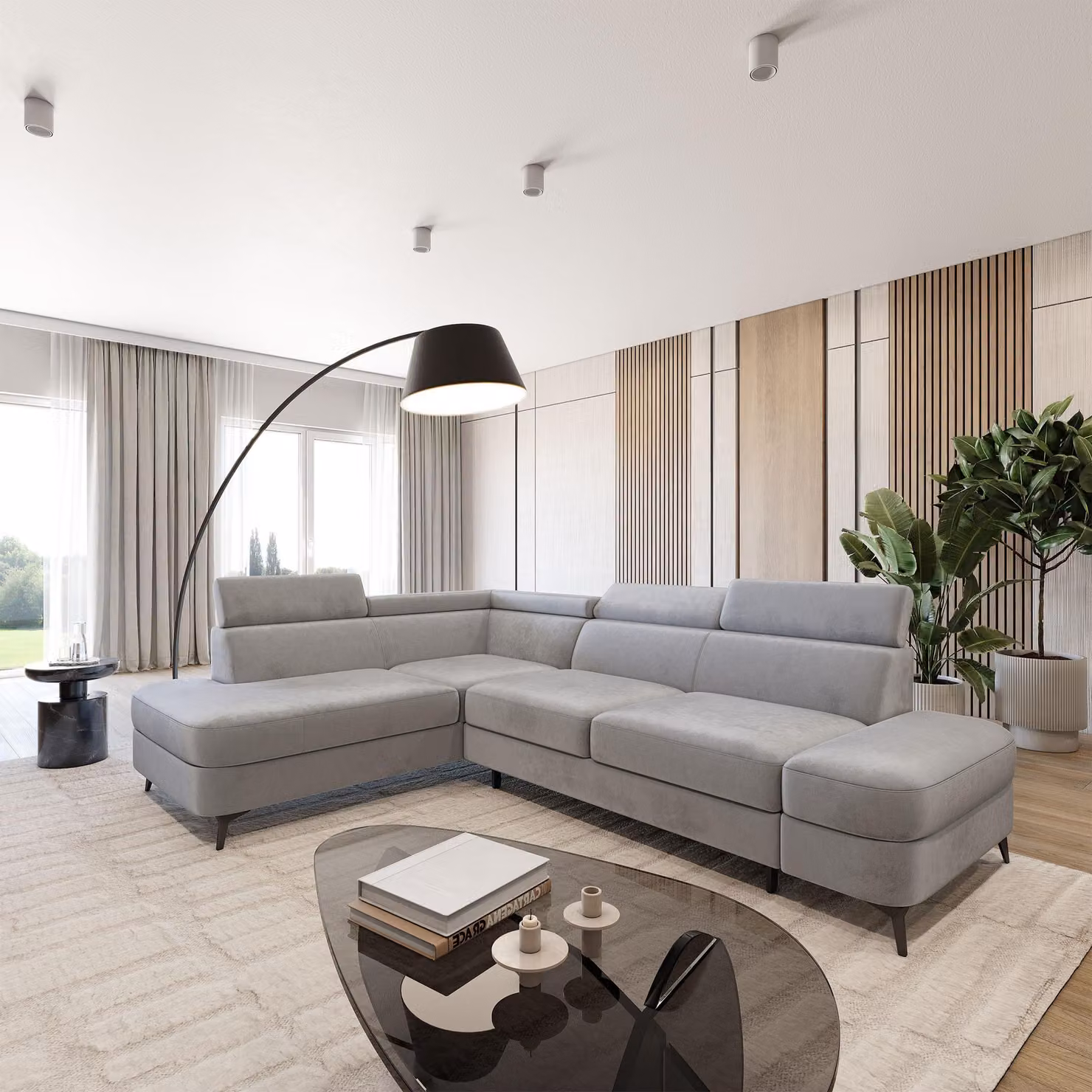 Divano ad angolo Masseno AVISE M L-S con funzione letto a L, divano con contenitore, divano da salotto, divano, divano letto, set divani - Grigio chiaro, MONOLITH 84