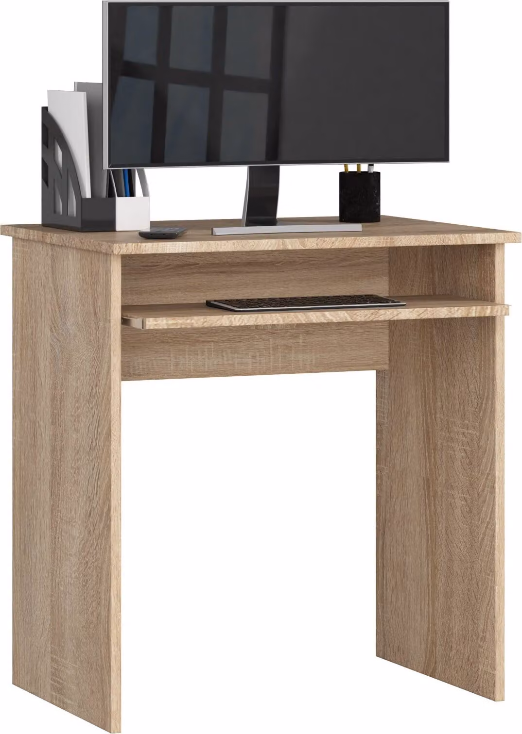 Scrivania autonoma Polynna modello Sonoma, in legno effetto quercia, di dimensioni contenute, con cassetto estraibile per la tastiera